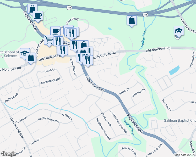 map of restaurants, bars, coffee shops, grocery stores, and more near 1789 Riverlanding Circle in Lawrenceville