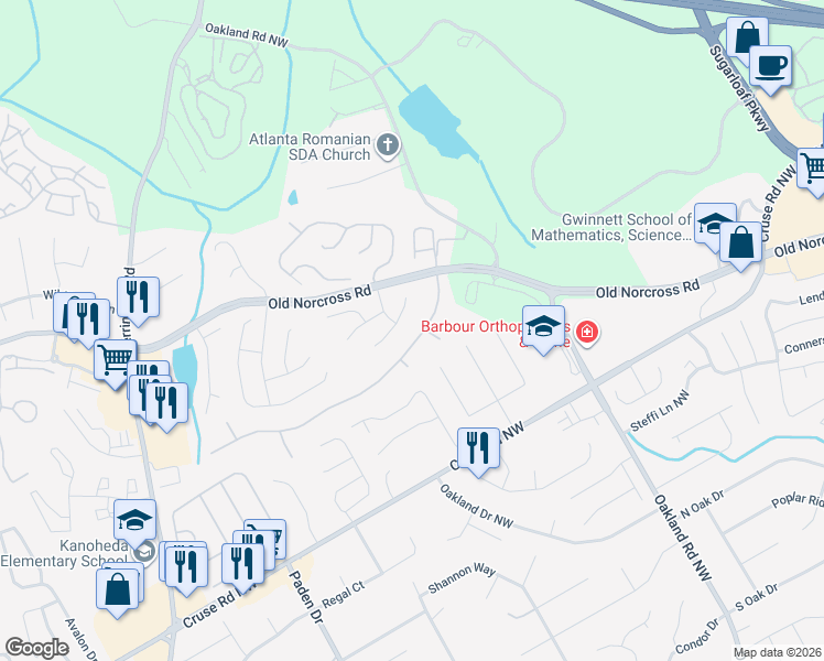 map of restaurants, bars, coffee shops, grocery stores, and more near 2355 Waterford Park Drive in Lawrenceville