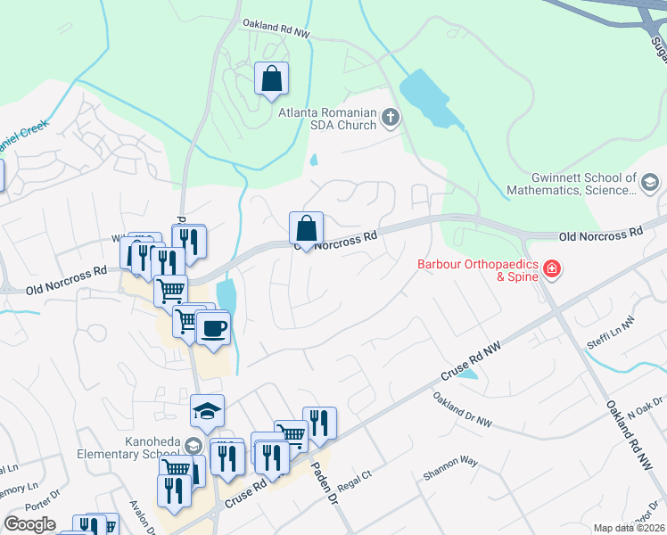 map of restaurants, bars, coffee shops, grocery stores, and more near 1194 Hacknee Court in Lawrenceville