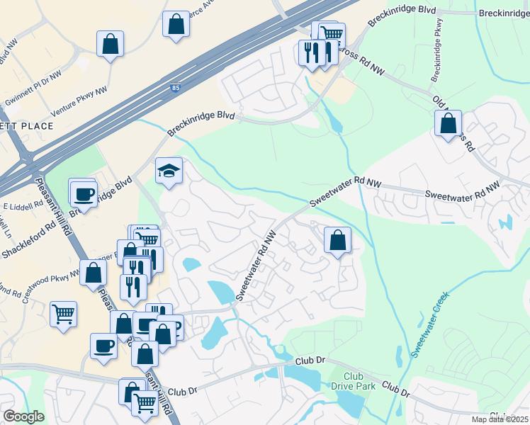 map of restaurants, bars, coffee shops, grocery stores, and more near 3250 Sweetwater Road in Lawrenceville