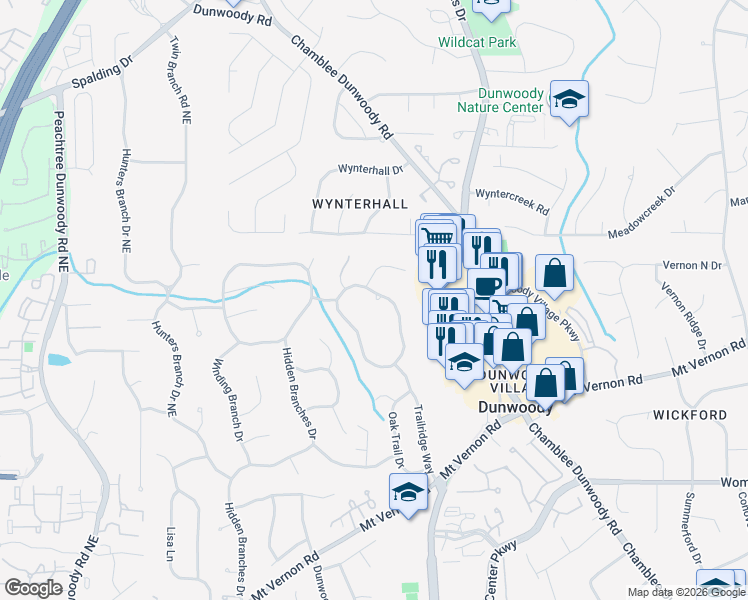 map of restaurants, bars, coffee shops, grocery stores, and more near 5163 Hidden Branches Circle in Dunwoody