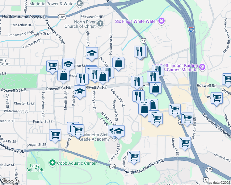 map of restaurants, bars, coffee shops, grocery stores, and more near 96 Parkview Drive Southeast in Marietta