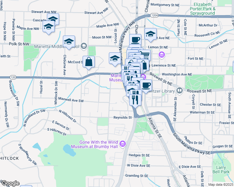 map of restaurants, bars, coffee shops, grocery stores, and more near 219 Wright Street SW in Marietta