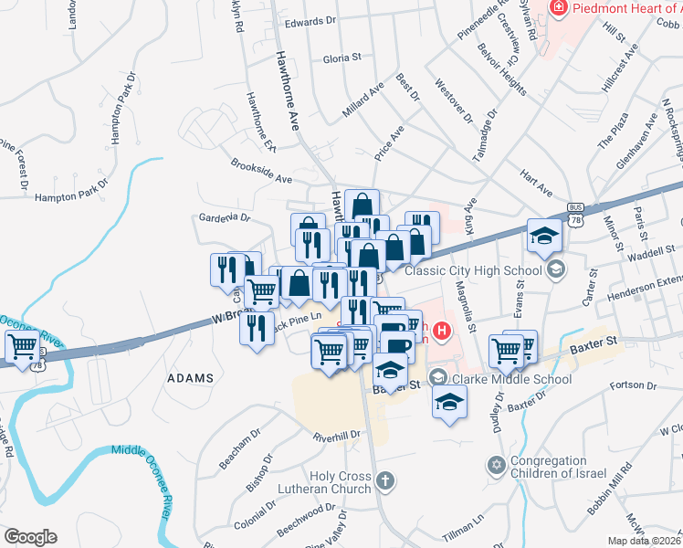 map of restaurants, bars, coffee shops, grocery stores, and more near in Athens