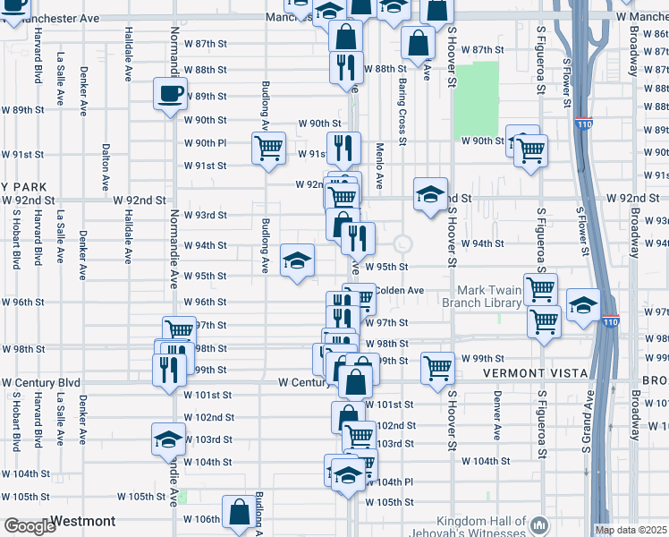 map of restaurants, bars, coffee shops, grocery stores, and more near 1017 West 95th Street in Los Angeles