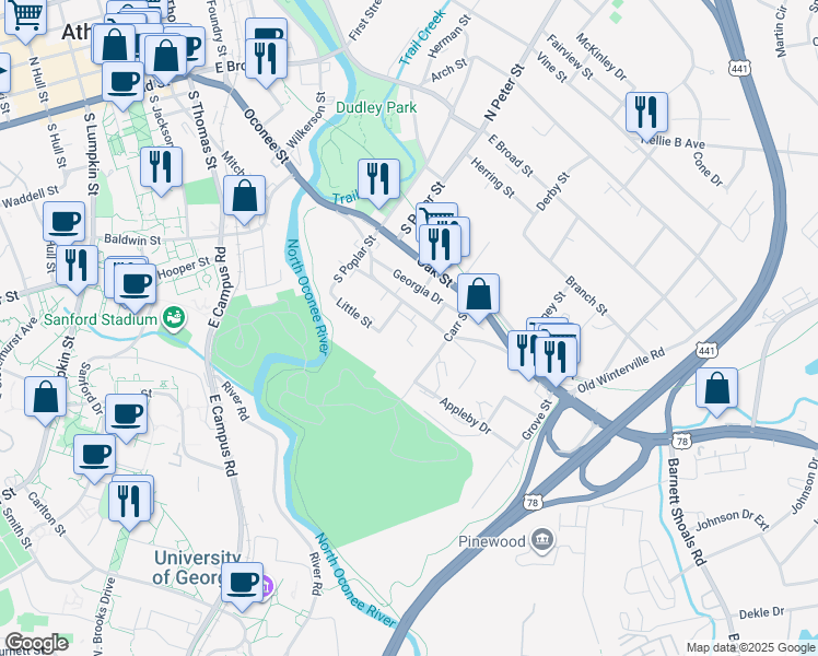 map of restaurants, bars, coffee shops, grocery stores, and more near 950 Oconee Street in Athens