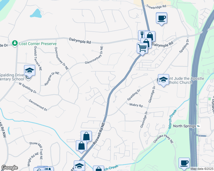 map of restaurants, bars, coffee shops, grocery stores, and more near 7100 Roswell Road Northeast in Sandy Springs