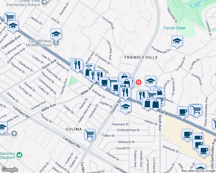 map of restaurants, bars, coffee shops, grocery stores, and more near 14870 California 72 in Whittier