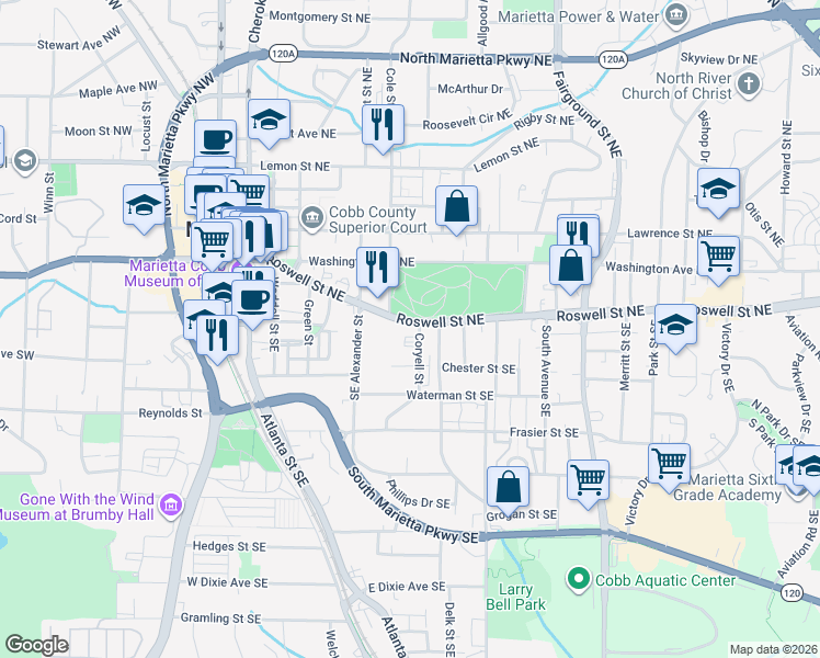 map of restaurants, bars, coffee shops, grocery stores, and more near 326 Roswell Street Northeast in Marietta