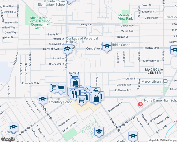 map of restaurants, bars, coffee shops, grocery stores, and more near 5121 Sierra Street in Riverside