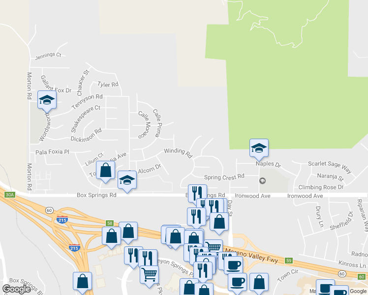 map of restaurants, bars, coffee shops, grocery stores, and more near 21768 Winding Road in Moreno Valley