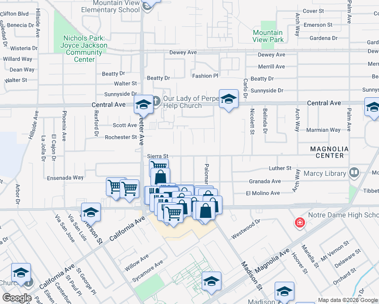 map of restaurants, bars, coffee shops, grocery stores, and more near 5090 Sierra Street in Riverside