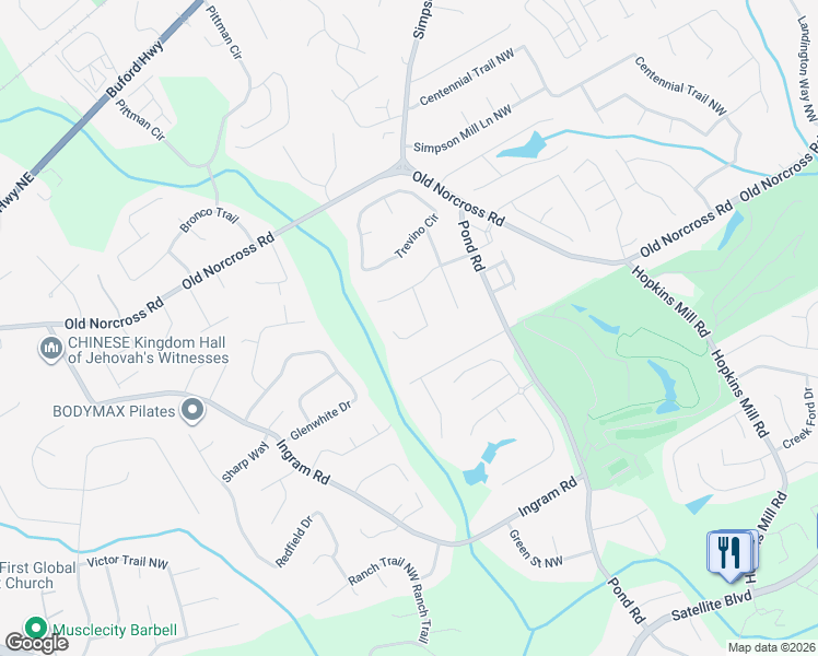 map of restaurants, bars, coffee shops, grocery stores, and more near 2375 Muirfield Way in Duluth
