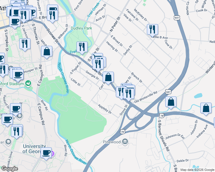 map of restaurants, bars, coffee shops, grocery stores, and more near 448 Georgia Drive in Athens