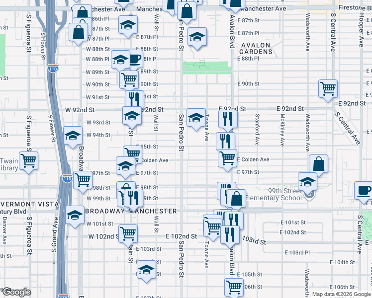 map of restaurants, bars, coffee shops, grocery stores, and more near 304 East 95th Street in Los Angeles