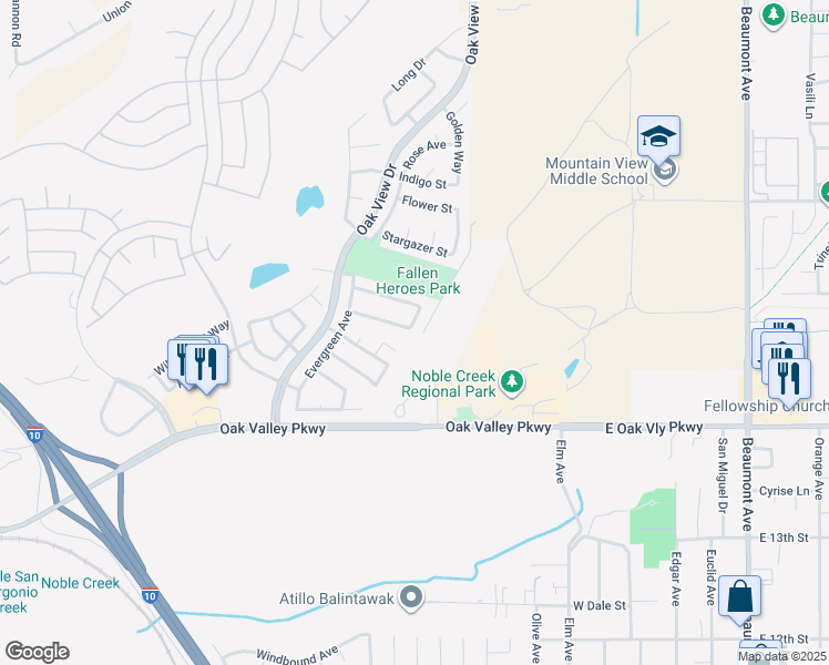 map of restaurants, bars, coffee shops, grocery stores, and more near 1510 Creekside Street in Beaumont