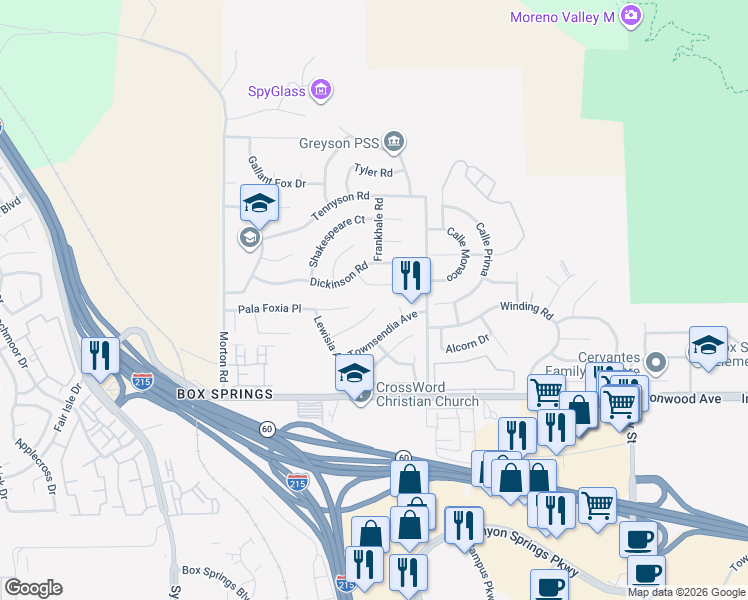 map of restaurants, bars, coffee shops, grocery stores, and more near 21396 Lilium Court in Moreno Valley