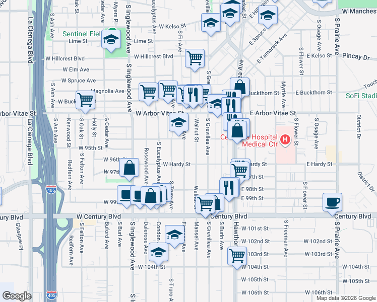 map of restaurants, bars, coffee shops, grocery stores, and more near 1022 South Fir Avenue in Inglewood
