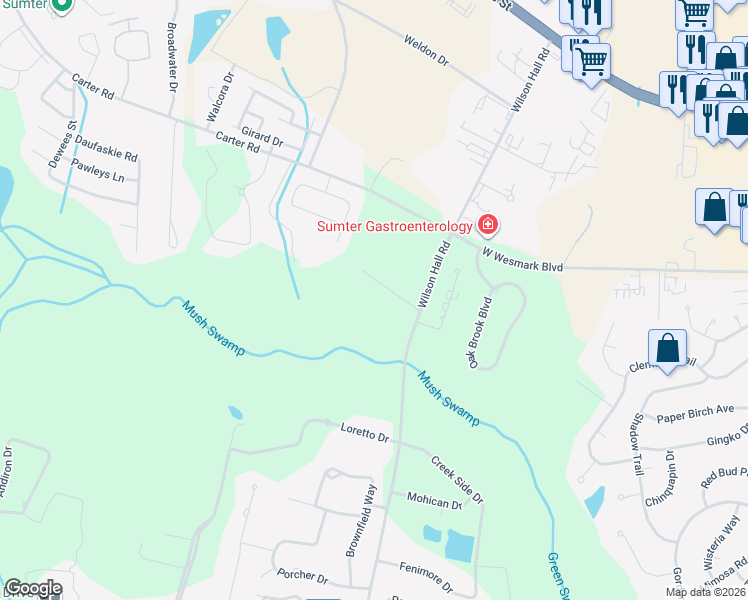 map of restaurants, bars, coffee shops, grocery stores, and more near 2770 Carter Road in Sumter