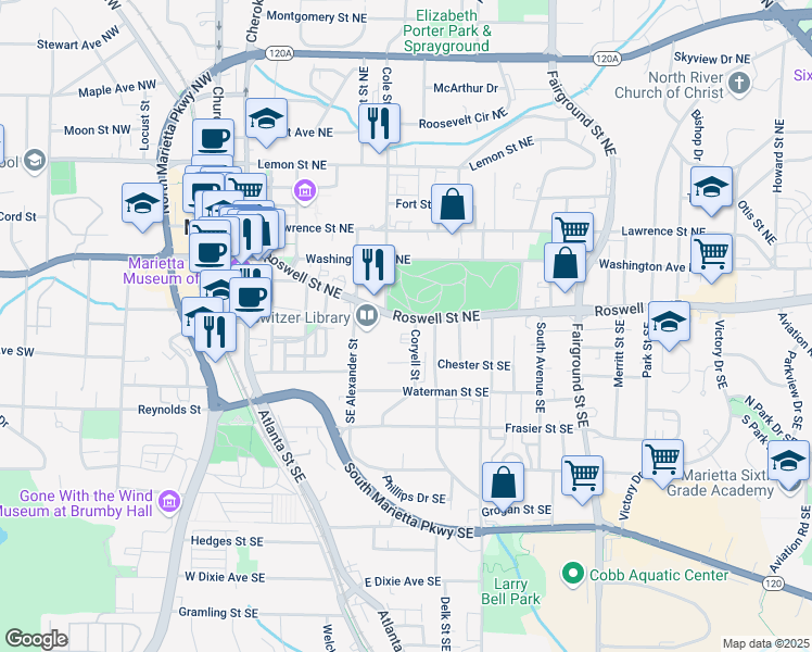 map of restaurants, bars, coffee shops, grocery stores, and more near 326 Roswell Street Northeast in Marietta