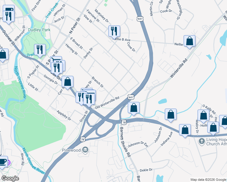 map of restaurants, bars, coffee shops, grocery stores, and more near 368 Branch Street in Athens