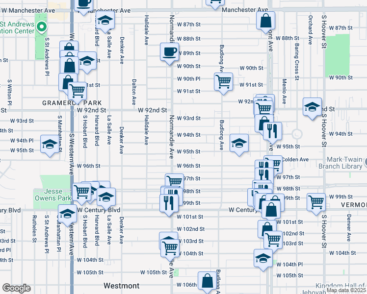 map of restaurants, bars, coffee shops, grocery stores, and more near 1328 West 95th Street in Los Angeles