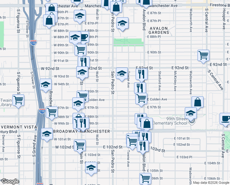 map of restaurants, bars, coffee shops, grocery stores, and more near 304 East 95th Street in Los Angeles