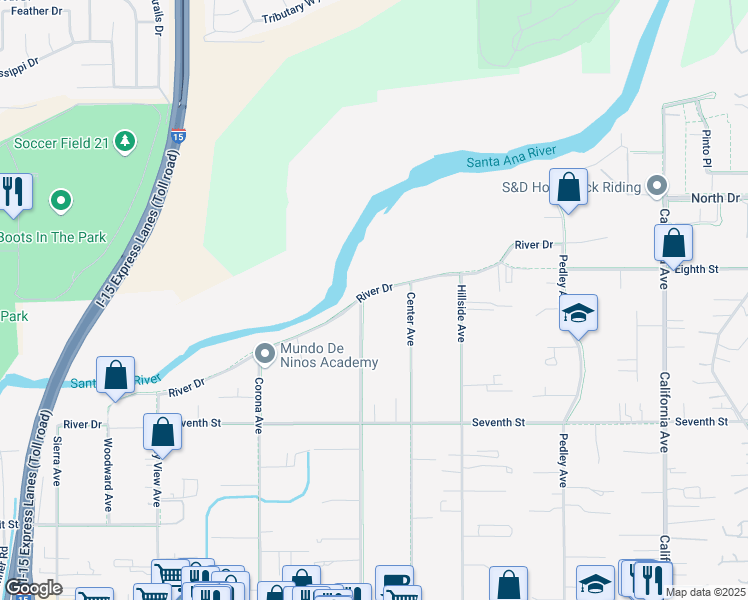 map of restaurants, bars, coffee shops, grocery stores, and more near 876 River Drive in Norco