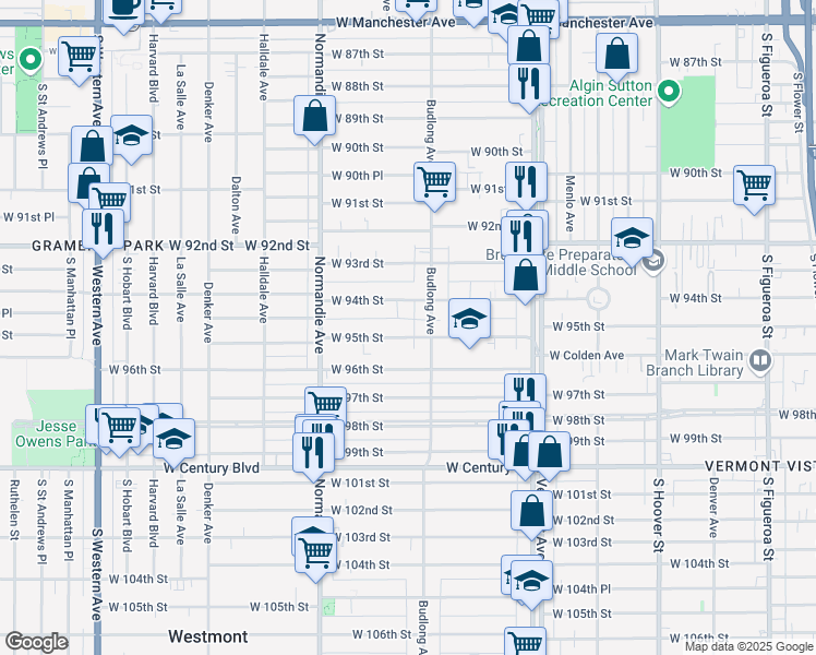 map of restaurants, bars, coffee shops, grocery stores, and more near 1219 West 95th Street in Los Angeles