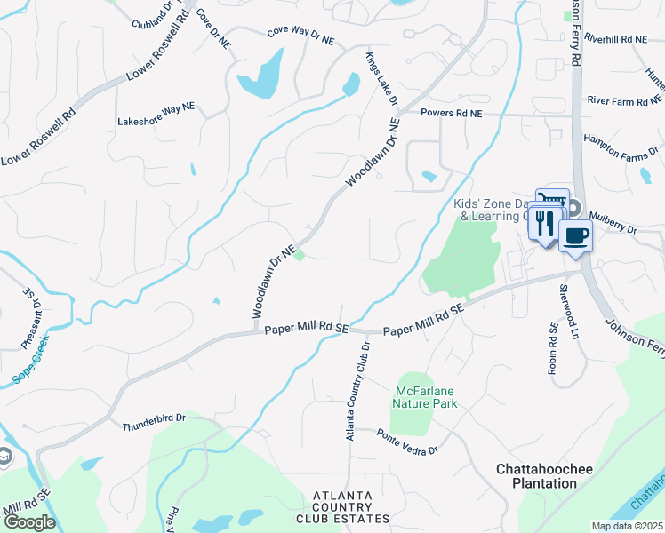 map of restaurants, bars, coffee shops, grocery stores, and more near 4402 Blackland Drive in Marietta