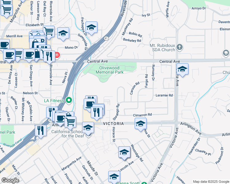 map of restaurants, bars, coffee shops, grocery stores, and more near 5649 Durango Road in Riverside