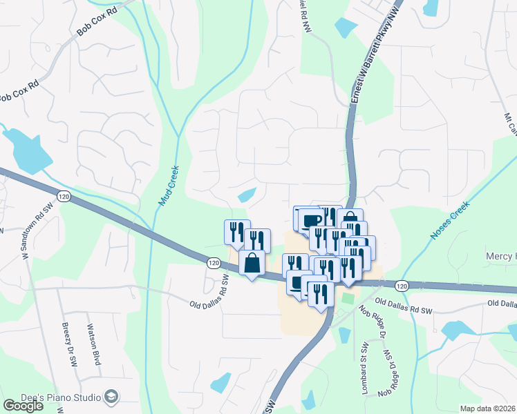 map of restaurants, bars, coffee shops, grocery stores, and more near 2711 Lillie Lake Drive Southwest in Marietta