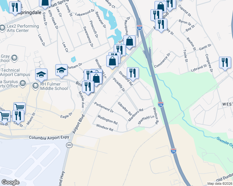 map of restaurants, bars, coffee shops, grocery stores, and more near 12 Londonderry Square in Cayce