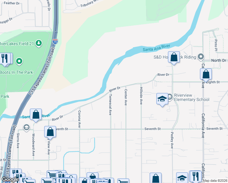 map of restaurants, bars, coffee shops, grocery stores, and more near 876 River Drive in Norco