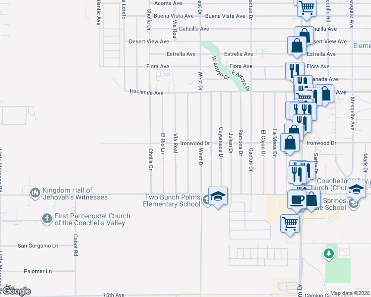 map of restaurants, bars, coffee shops, grocery stores, and more near 13575 Del Ray Lane in Desert Hot Springs