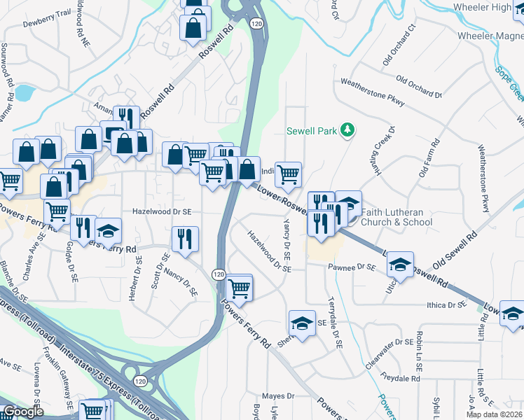 map of restaurants, bars, coffee shops, grocery stores, and more near 1829 Clearwater Drive Southeast in Marietta