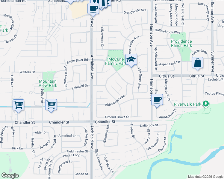 map of restaurants, bars, coffee shops, grocery stores, and more near 7647 Windflower Court in Corona
