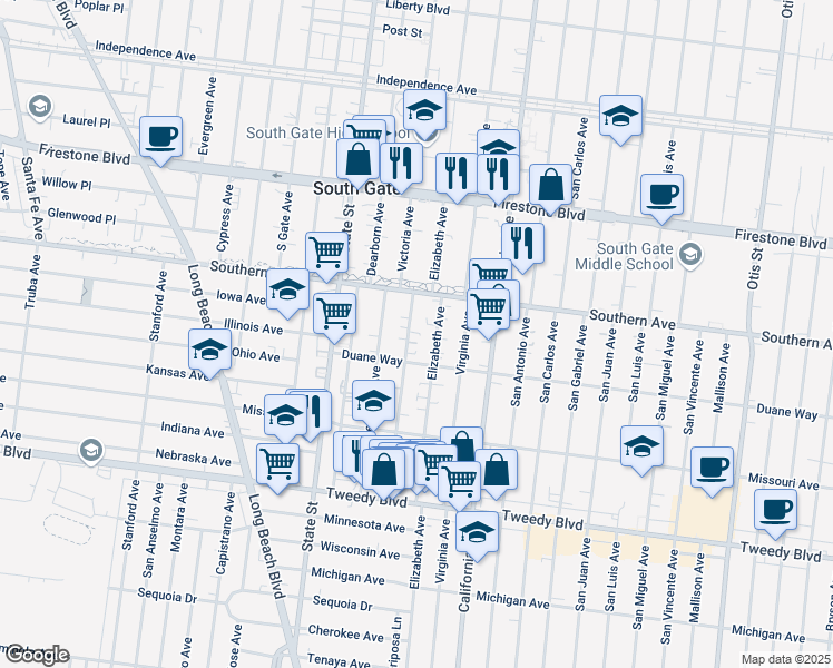 map of restaurants, bars, coffee shops, grocery stores, and more near 9400 Elizabeth Avenue in South Gate