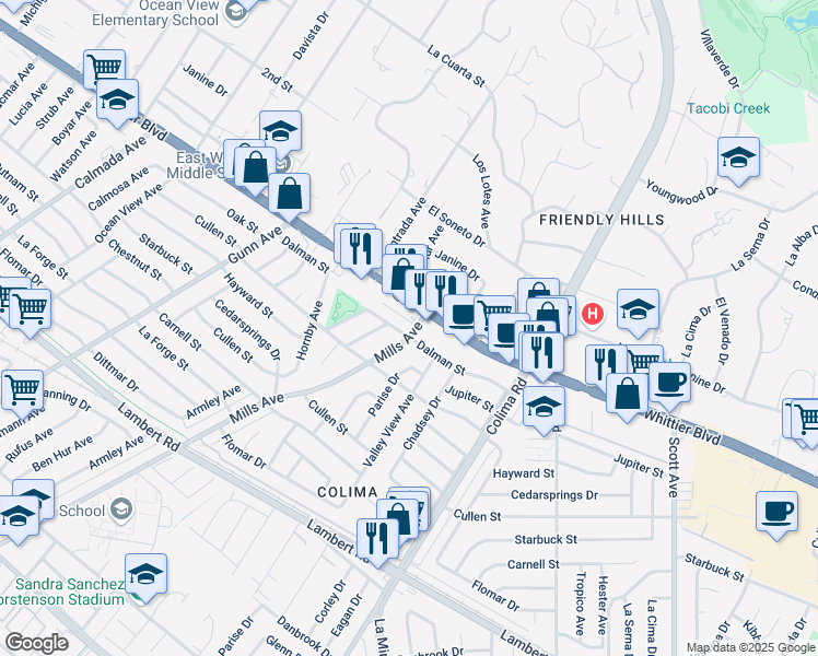 map of restaurants, bars, coffee shops, grocery stores, and more near 14766 Dalman Street in Whittier