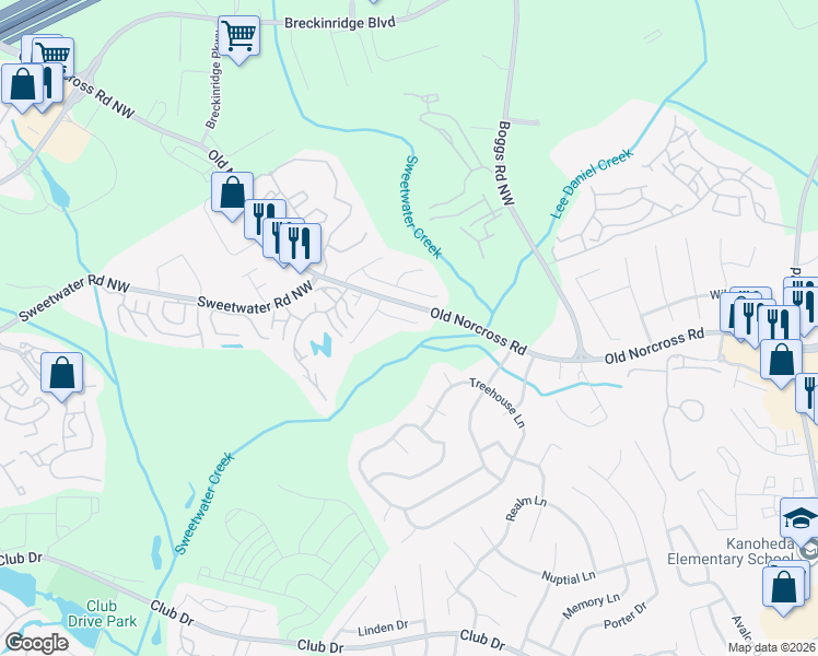 map of restaurants, bars, coffee shops, grocery stores, and more near 1320 Old Victorian Court in Duluth