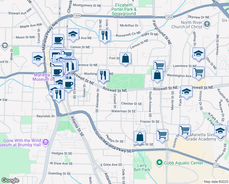 map of restaurants, bars, coffee shops, grocery stores, and more near 328 Roswell Street Northeast in Marietta