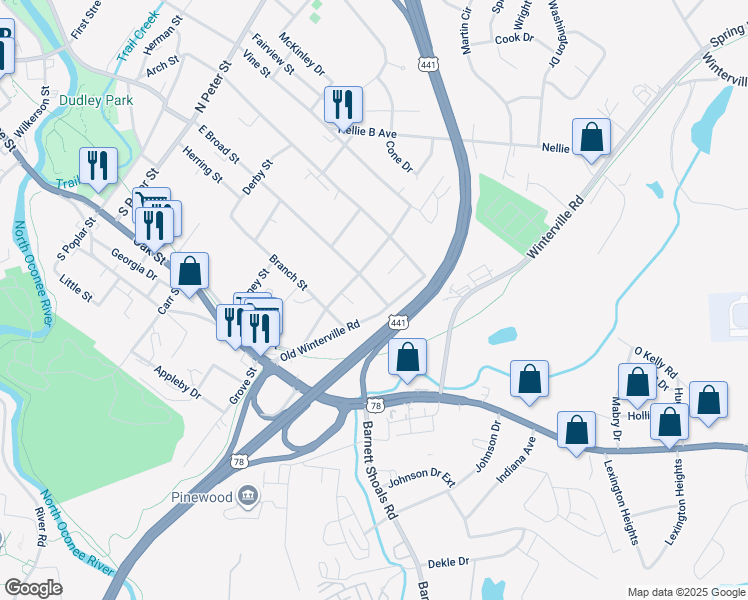 map of restaurants, bars, coffee shops, grocery stores, and more near 121 Head Street in Athens