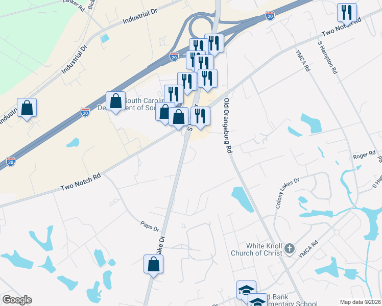 map of restaurants, bars, coffee shops, grocery stores, and more near 1131 South Lake Drive in Lexington