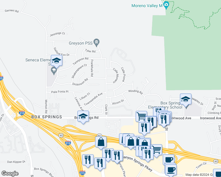 map of restaurants, bars, coffee shops, grocery stores, and more near 21540 Calle Prima in Moreno Valley