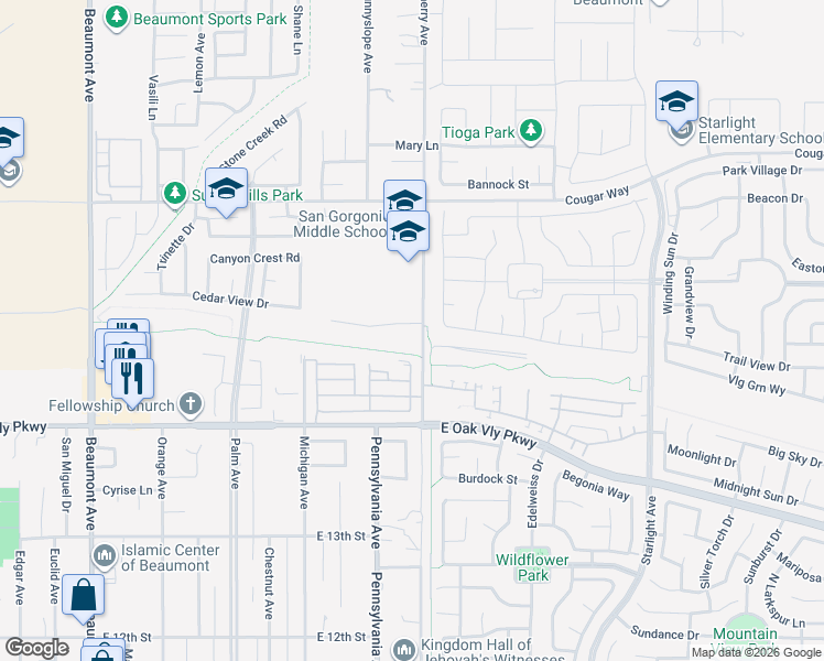 map of restaurants, bars, coffee shops, grocery stores, and more near 1305 Black Diamond in Beaumont