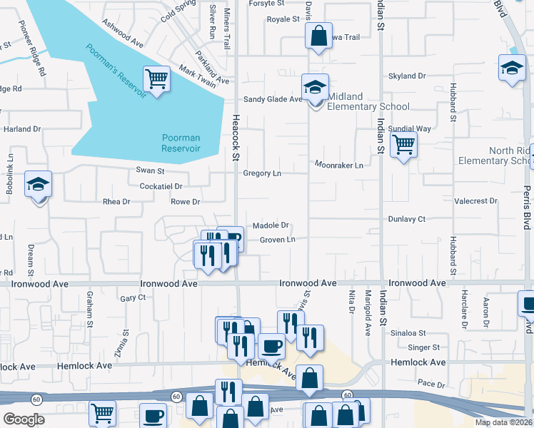 map of restaurants, bars, coffee shops, grocery stores, and more near 24111 Madole Drive in Moreno Valley