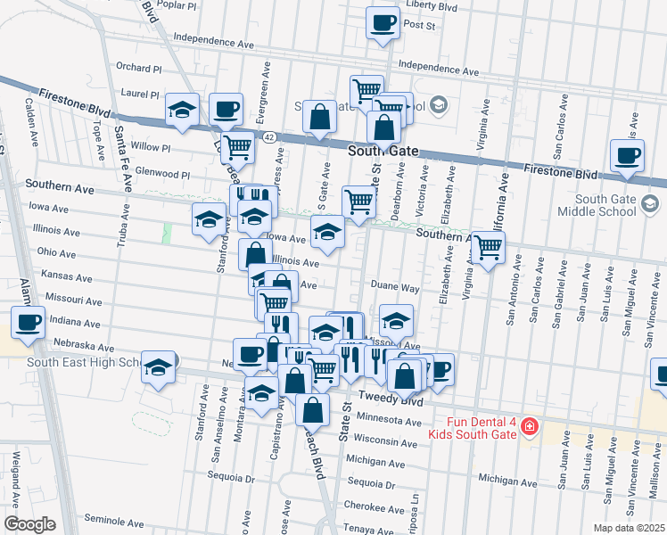 map of restaurants, bars, coffee shops, grocery stores, and more near 3171 Ohio Avenue in South Gate