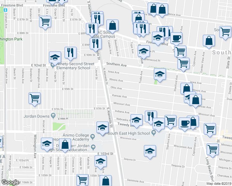 map of restaurants, bars, coffee shops, grocery stores, and more near 9618 Alameda Street in South Gate
