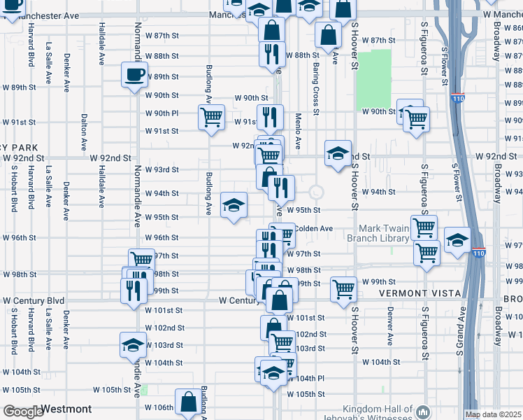 map of restaurants, bars, coffee shops, grocery stores, and more near 1028 West 95th Street in Los Angeles