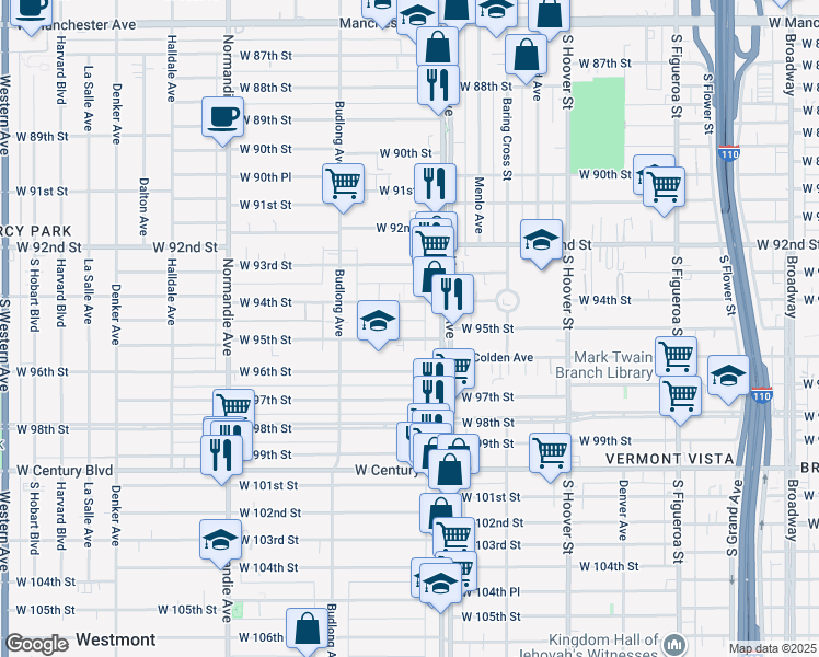 map of restaurants, bars, coffee shops, grocery stores, and more near 1028 West 95th Street in Los Angeles